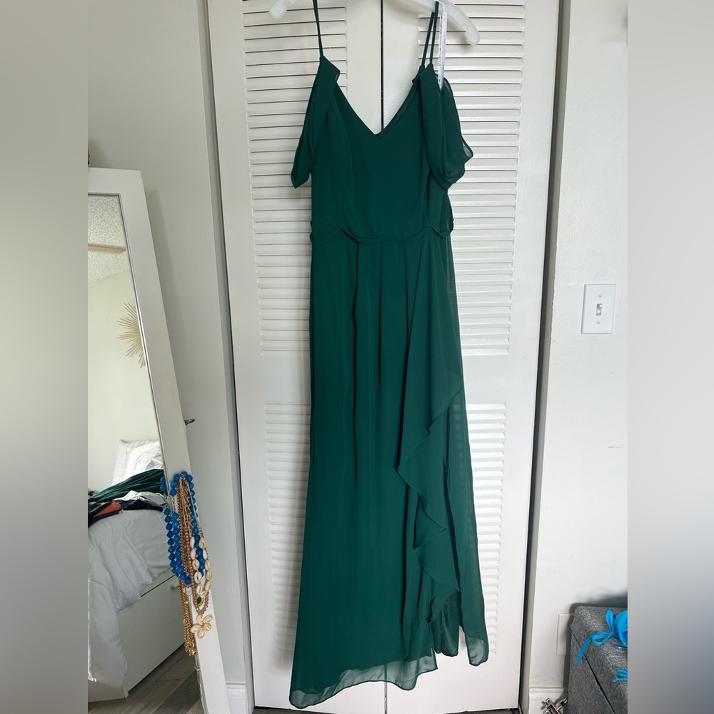 Davids Bridal - Cascading Off-the-Shoulder Dress - Juniper